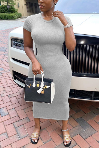 Grey Fashion Casual adult Ma'am Cap Sleeve Short Sleeves O neck Pencil Dress Mid-Calf Solid Dresses