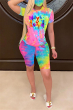 Blue Fashion Casual Short Sleeve O Neck Regular Sleeve Regular Letter Print Tie Dye Two Pieces