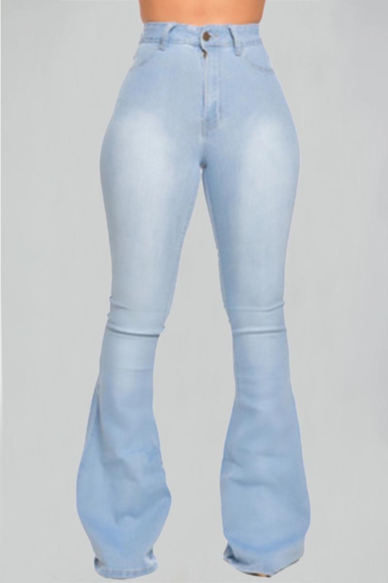 Light Blue Casual Boot Cut Solid Denim Trousers_BOTTOMS ...