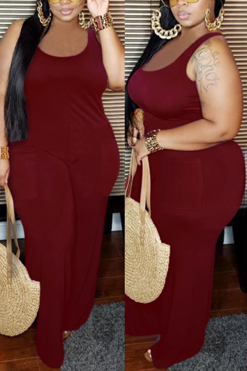 

Wine Red Fashion Sexy U Neck Sleeveless Spaghetti Strap Solid Plus Size Jumpsuit