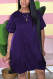 purple Casual Bubble sleeves Short Sleeves O neck Lantern skirt Knee-Length Solid Dresses