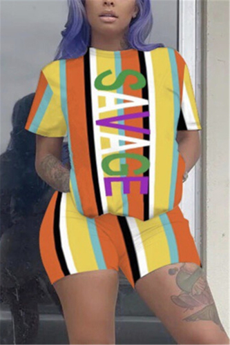 Stripe Street Striped Letter Print Straight Short Sleeve Two Pieces