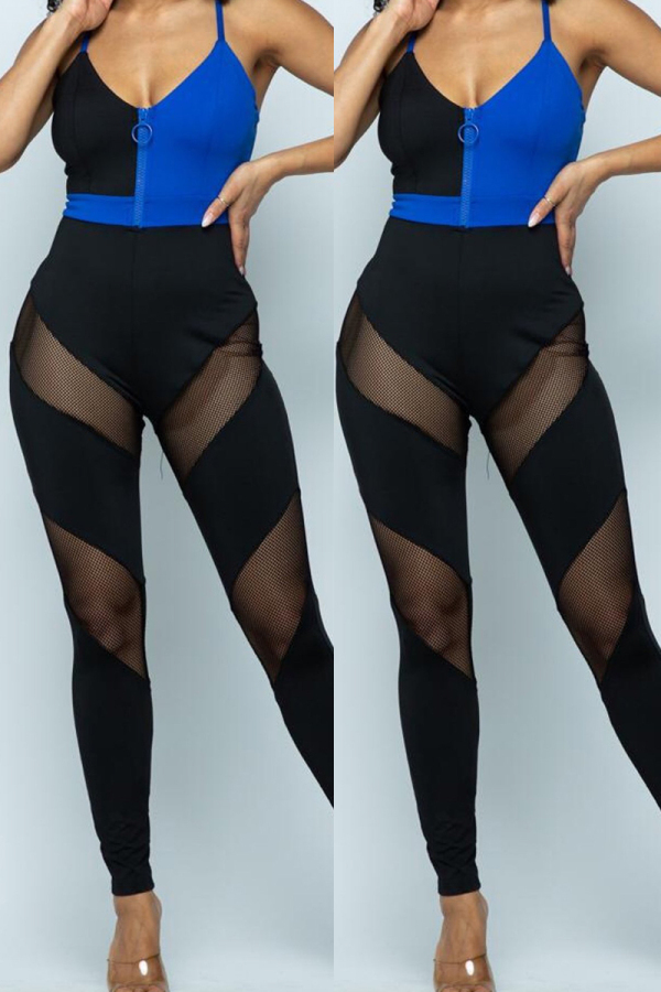Black Fashion Sexy V Neck Sleeveless Spaghetti Strap Skinny Patchwork Jumpsuits