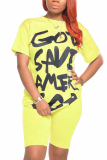 Yellow Sexy Letter Print Straight Short Sleeve Two Pieces