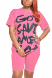 Pink Sexy Letter Print Straight Short Sleeve Two Pieces