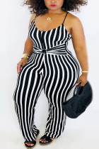 Black Fashion Sexy V Neck Sleeveless Spaghetti Strap Striped Plus Size Jumpsuit