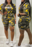 Blue Fashion Casual adult Ma'am O Neck Letter Camouflage Two Piece Suits Stitching Plus Size