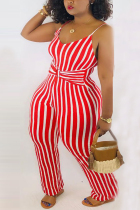 Red Fashion Sexy V Neck Sleeveless Spaghetti Strap Striped Plus Size Jumpsuit