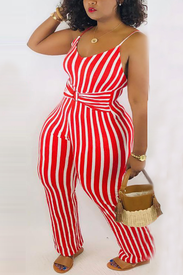 Red Fashion Sexy Striped Sleeveless Slip Jumpsuits