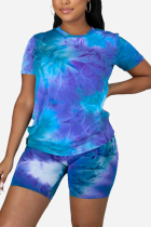 Blue Casual O Neck Print Tie Dye Pattern Plus Size