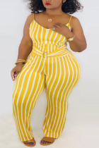 Yellow Fashion Sexy V Neck Sleeveless Spaghetti Strap Striped Plus Size Jumpsuit