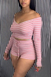 Yellow Sexy Striped Print pencil Long Sleeve Two Pieces