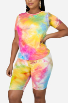 Yellow Casual O Neck Print Tie Dye Pattern Plus Size