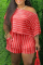 watermelon red Fashion OL One Shoulder Collar Striped Two Piece Suits Stripe Plus Size