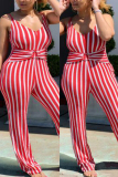 Red Fashion Sexy Striped Sleeveless Slip Jumpsuits