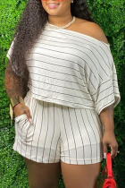 White Fashion OL One Shoulder Collar Striped Two Piece Suits Stripe Plus Size