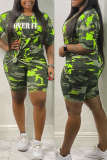Green Fashion Casual adult Ma'am O Neck Letter Camouflage Two Piece Suits Stitching Plus Size