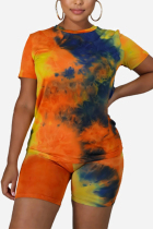 Orange Casual O Neck Print Tie Dye Pattern Plus Size