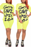 Yellow Sexy Letter Print Straight Short Sleeve Two Pieces
