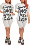Grey Sexy Letter Print Straight Short Sleeve Two Pieces