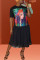 Black Fashion Casual Regular Sleeve Short Sleeve O Neck A Line Mid Calf Print Dresses