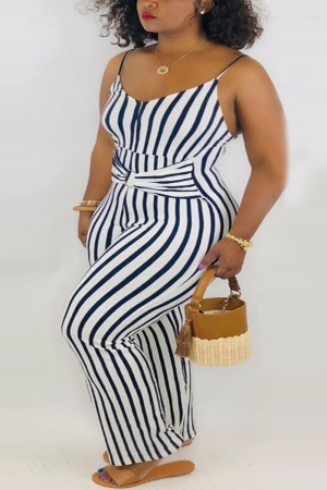 Navy Blue Fashion Sexy Striped Sleeveless Slip Jumpsuits