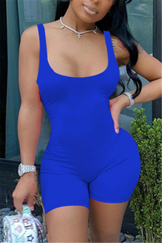 Blue Fashion Sexy Solid Sleeveless Slip Rompers