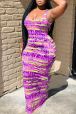 Purple Fashion Sexy Spaghetti Strap Sleeveless U Neck Printed Dress Mixed Printing Dresses