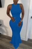 Blue Lightly cooked Sleeveless O neck Swagger Floor-Length Solid Dresses