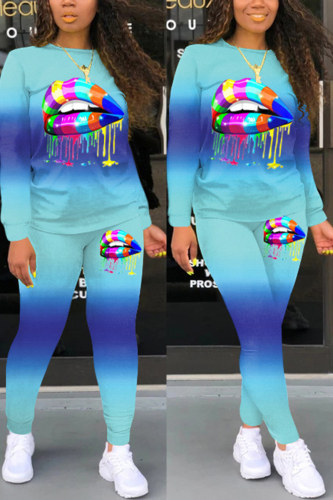 Blue Sexy Casual Print Gradient Lips Print pencil Long Sleeve Two Pieces