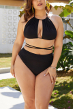 Black Sexy Fashion Halter Sleeveless Solid Plus Size Swimsuit
