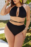 Black Sexy Fashion Halter Sleeveless Solid Plus Size Swimsuit