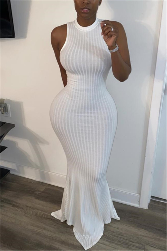 White Lightly cooked Sleeveless O neck Swagger Floor-Length Solid Dresses