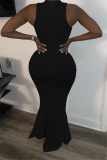 Black Lightly cooked Sleeveless O neck Swagger Floor-Length Solid Dresses