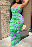 Light Green Fashion Sexy Spaghetti Strap Sleeveless U Neck Printed Dress Mixed Printing Dresses