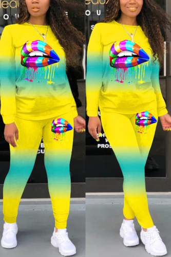 Yellow Sexy Casual Print Gradient Lips Print pencil Long Sleeve Two Pieces