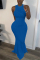 Blue Sexy Off The Shoulder O Neck Evening Dress Trailing Solid Dresses