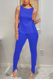 Dark Blue Fashion Casual adult Ma'am Patchwork Solid Two Piece Suits pencil Sleeveless Two Pieces