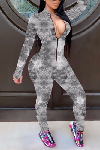 Gray Fashion Sexy Zipper Collar Long Sleeve Regular Sleeve Skinny Print Jumpsuits