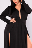 Black Sexy Elegant Regular Sleeve Long Sleeve V Neck Evening Dress Floor Length Solid Dresses