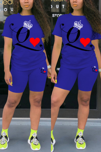 Royal blue Fashion Active adult Ma'am Print Two Piece Suits pencil Short Sleeve Two Pieces
