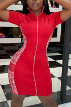 Red Casual Short Sleeves Mandarin Collar Step Skirt Mini Print Patchwork chain Dresses