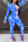Blue Fashion Sexy Zipper Collar Long Sleeve Regular Sleeve Skinny Print Jumpsuits