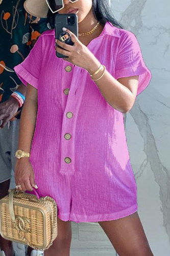 fuchsia Casual Solid Draped Blend Short Sleeve Half-Open collar Rompers