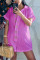 fuchsia Casual Solid Draped Blend Short Sleeve Half-Open collar Jumpsuits