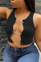Black Fashion Sexy Spaghetti Strap Sleeveless Spaghetti Strap Short Solid Tops