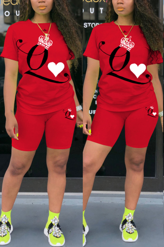 Red Fashion Active adult Ma'am Print Two Piece Suits pencil Short Sleeve Two Pieces