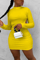 Yellow Fashion Sexy Elegant Regular Sleeve Long Sleeve O Neck Long Sleeve Dress Mini Solid Dresses