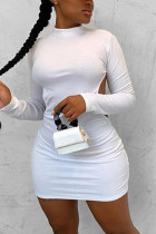 White Fashion Sexy adult Ma'am Cap Sleeve Long Sleeves half high collar Pencil Dress Knee-Length Solid backless Dresses