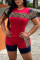 Red Polyester Casual Leopard Patchwork Straight Short Sleeve Two Pieces